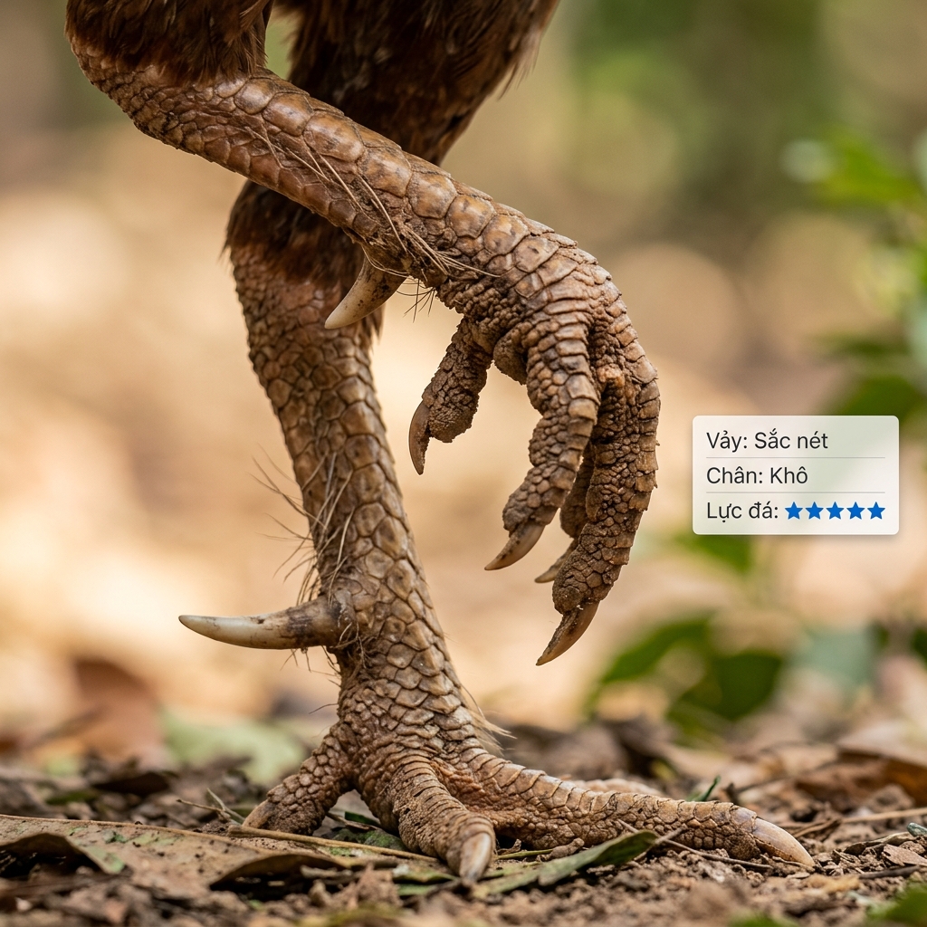 Đặc điểm gà Hà Tiên Long Bình BH79 — Cận cảnh đôi chân và vảy của gà nòi Long Bình